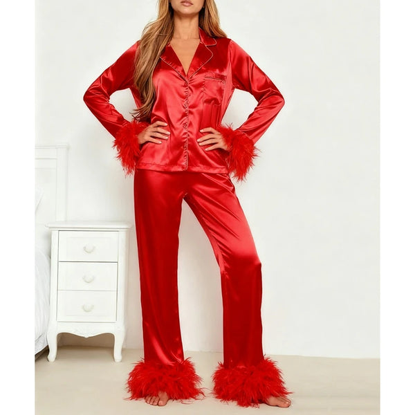 Combhasaki Women's Silk Satin Pajamas Set Feather Trim Cuff 2 Piece.