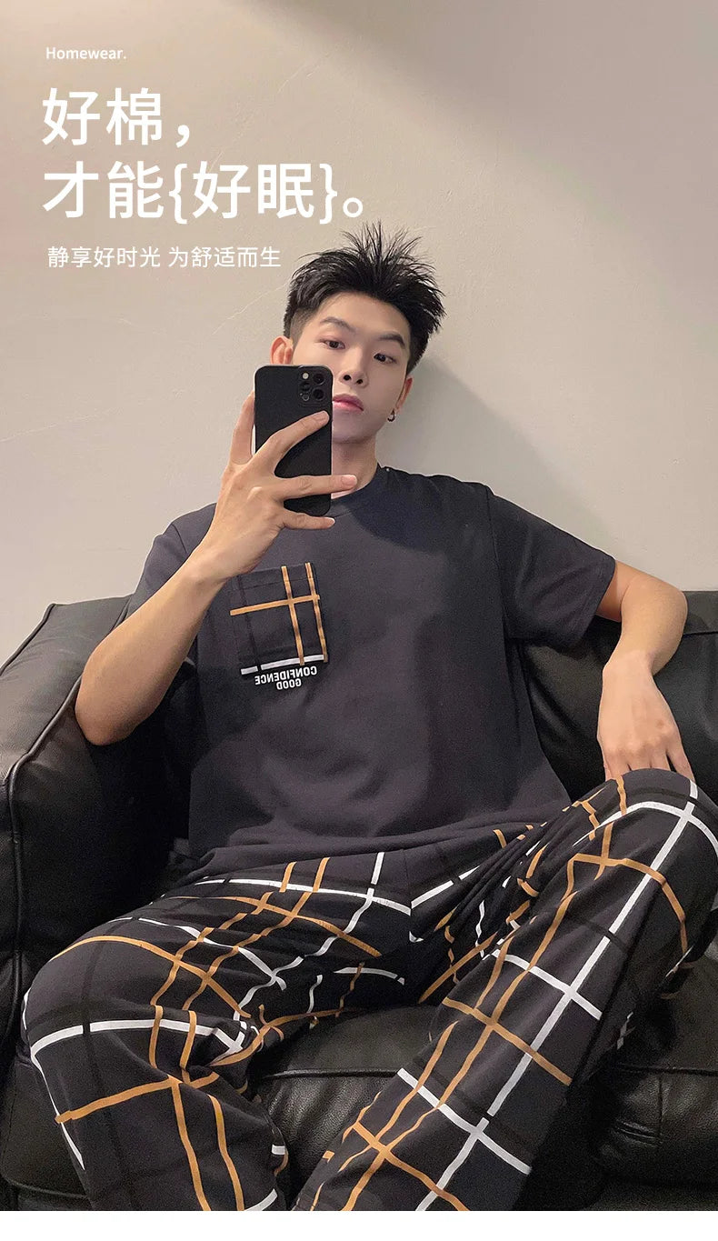 Summer Knitted Plaid Cool Mens Pyjamas Pajamas Casual Pjs Lounge Sets.