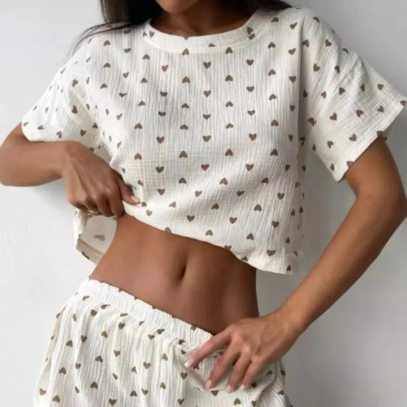 Women Pajamas Set Summer Thin Love Print Crepe Pure Cotton.