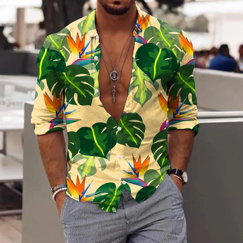 New Trend Men's Shirts Casual Floral Printed Lapel Button Long Sleeve.