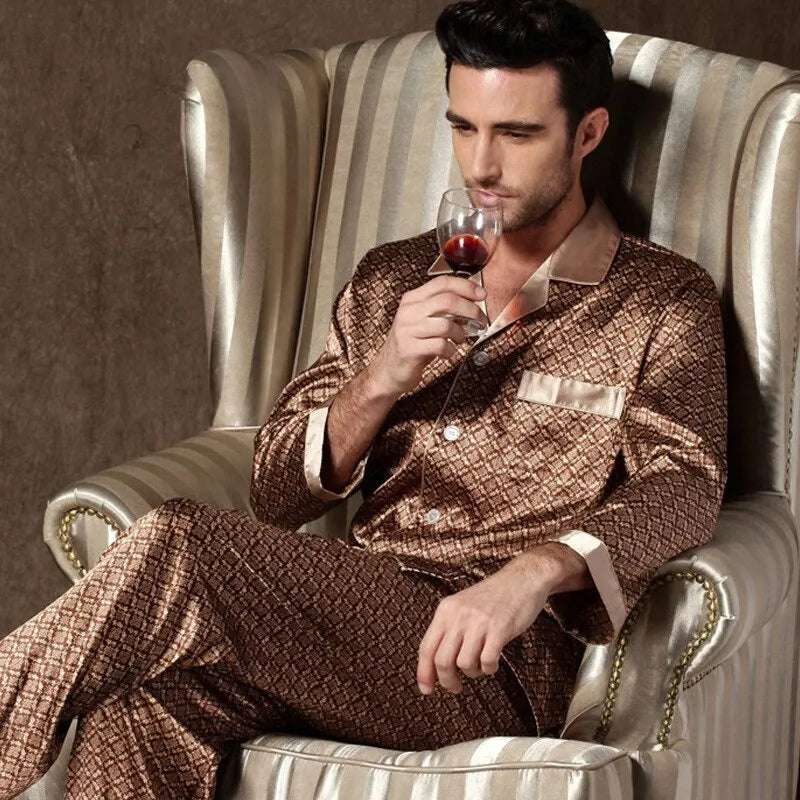 High Quality Pajamas Set Men Spring Autumn Thin Polyester Ice Silk Long-sleeved Sleepwear.