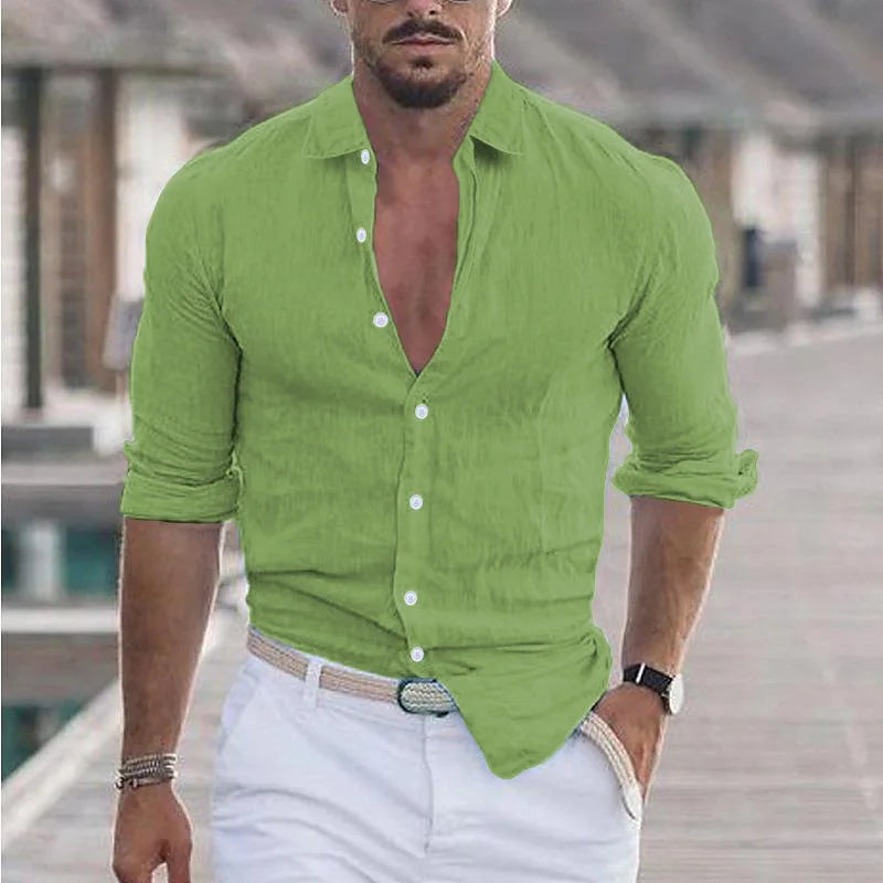 Men Cotton Linen Button Loose Blouse Shirts Spring Summer.
