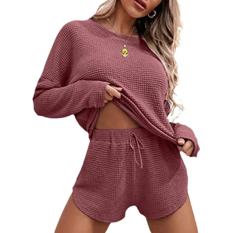Women's Solid Pajamas Set Long Sleeve Round Neck Top And Shorts Sleepwear.