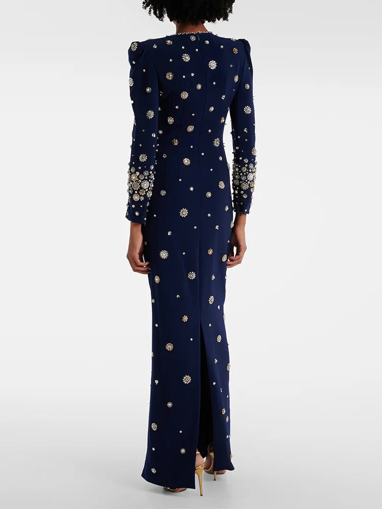 Women's Formal Long Sleeve Luxurious Beaded Long Maxi Dress.