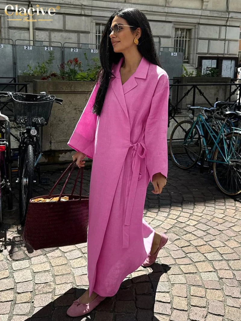 Ladies Fashion Lapel Long Sleeve Ankle Length Dress Elegant Lace-Up Dresses For Women.