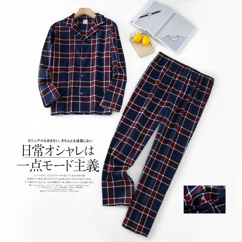 Men's Long Sleeve Plaid Velvet Set Autumn Winter Pajamas.