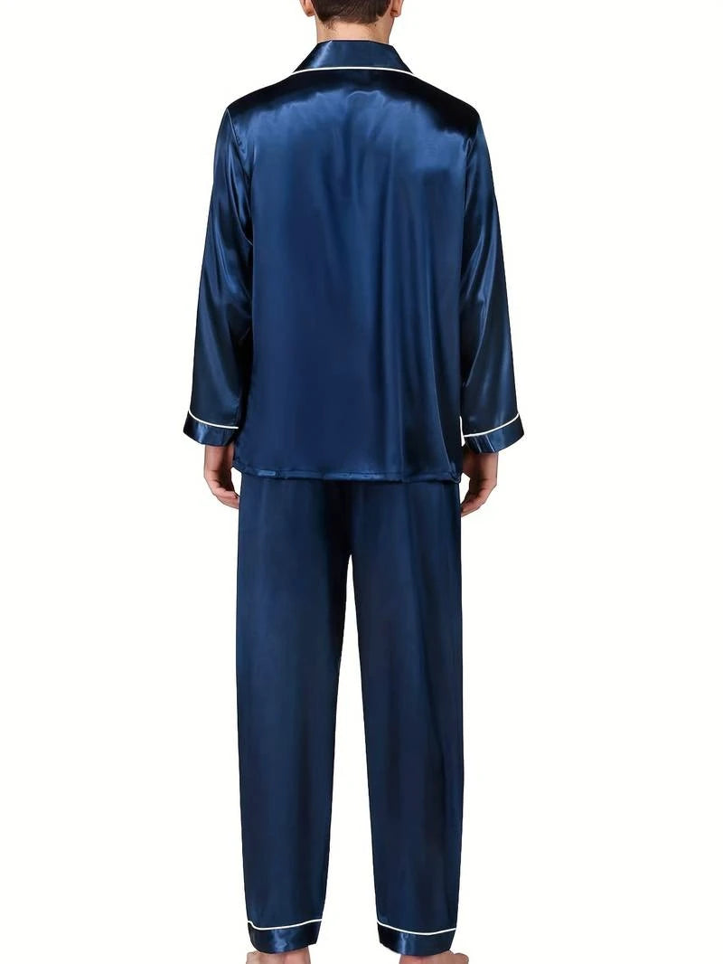 Men's Satin Pajama Set For Men Long Sleeve Button-down Top.
