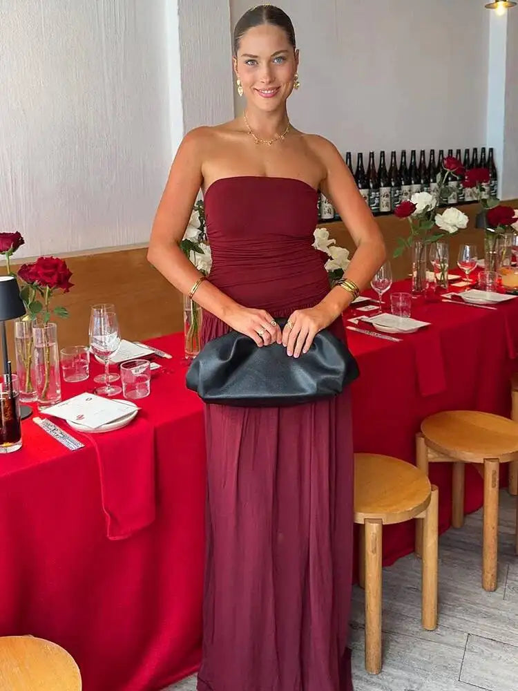 Mozision Off-shoulder Strapless Pleated Sexy Maxi Dress Women.