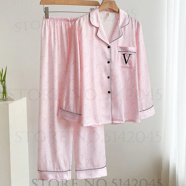 Pink Print Women 2PCS Pajams Set Spring Summer Sleepwear Loungewear.