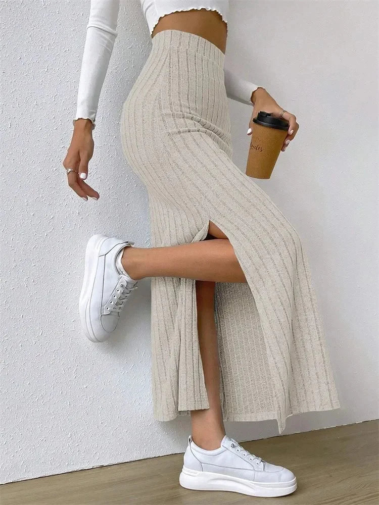 Women Rib-knit Side Split Maxi Skirt Autumn Spring Casual Elegant High Waist.