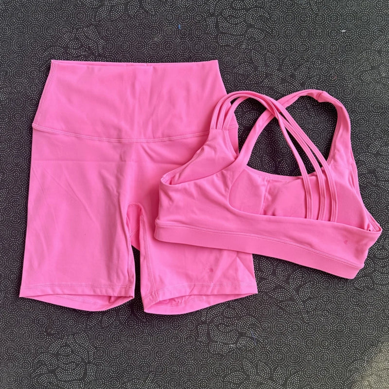 Solid Color Gym Yoga Set Short Legging Cross Back Shoulder Strap Sport Bra Tracksuit Women.