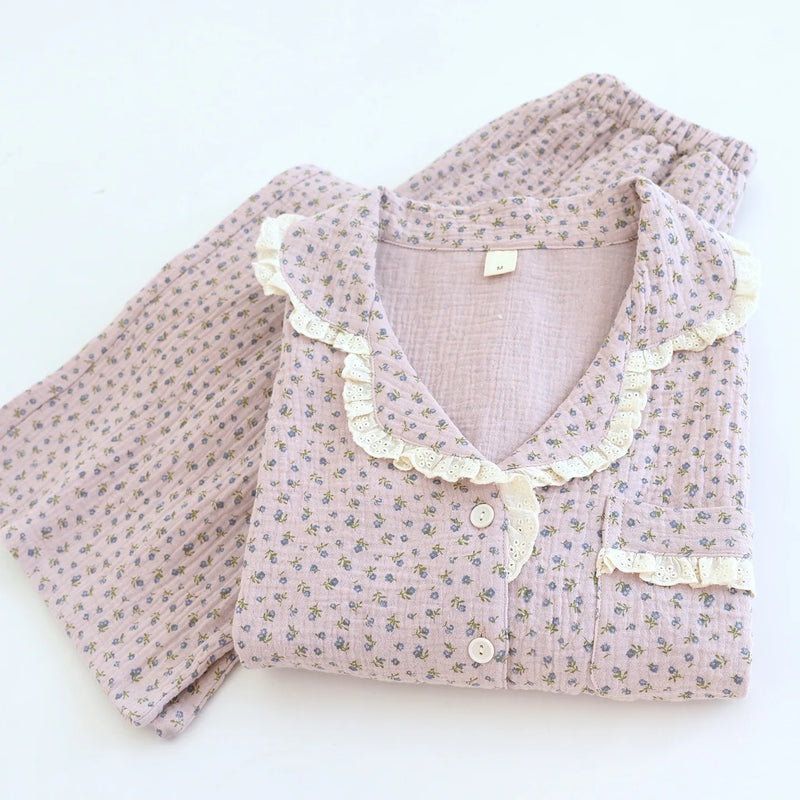 Cotton Gauze Women Pajamas Sleepwear Female 2 Piece Set.