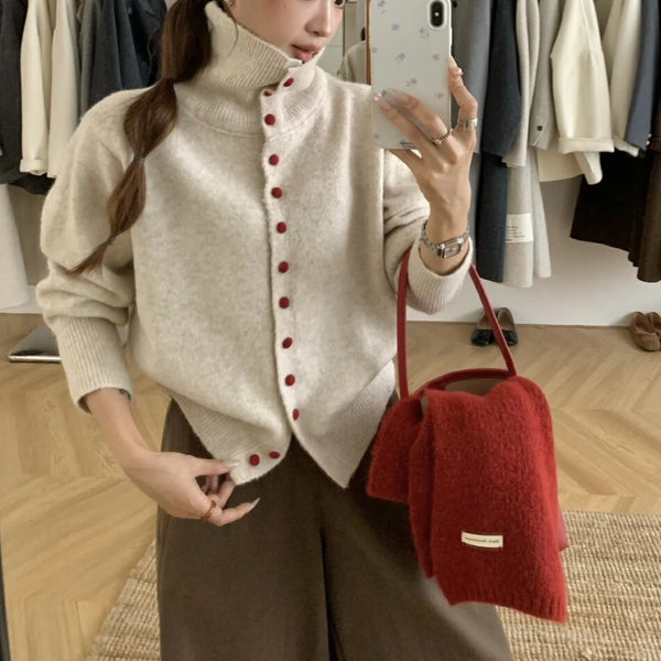 Winter Fashion New Korean Elegant Single Breasted Knitted High Necked.