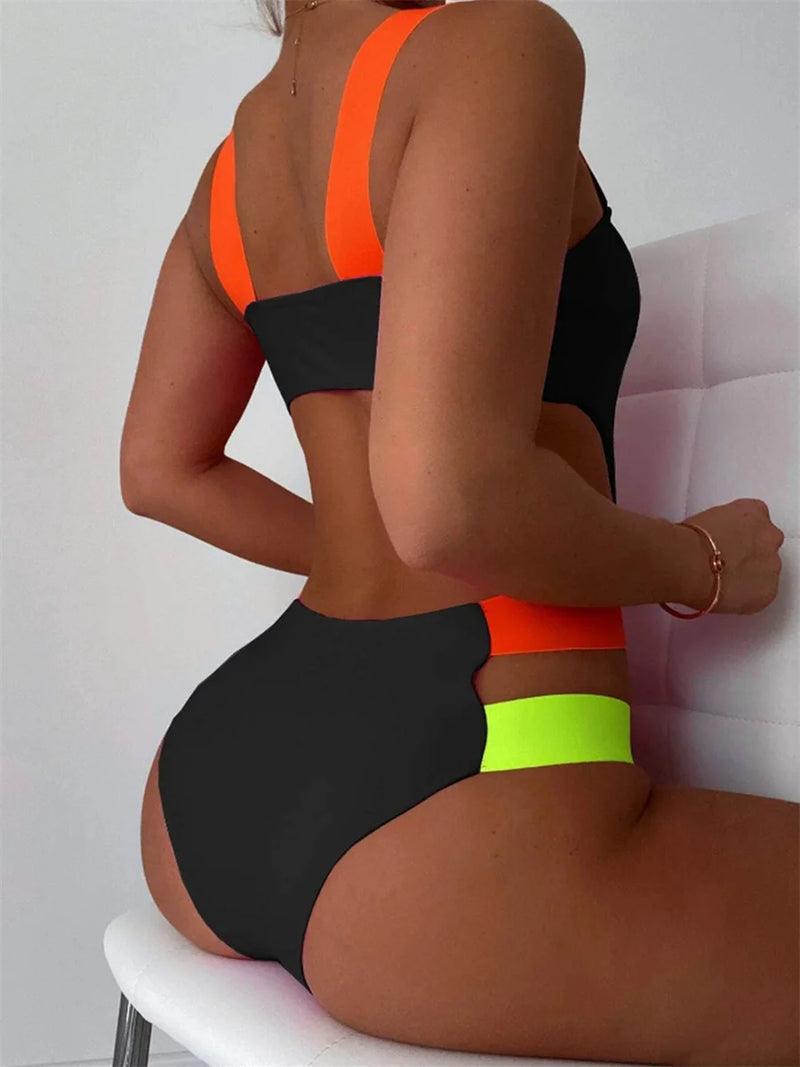 Sexy Black Contrast One Piece Swimsuit Women Neon Strap Hollow Out Backless.