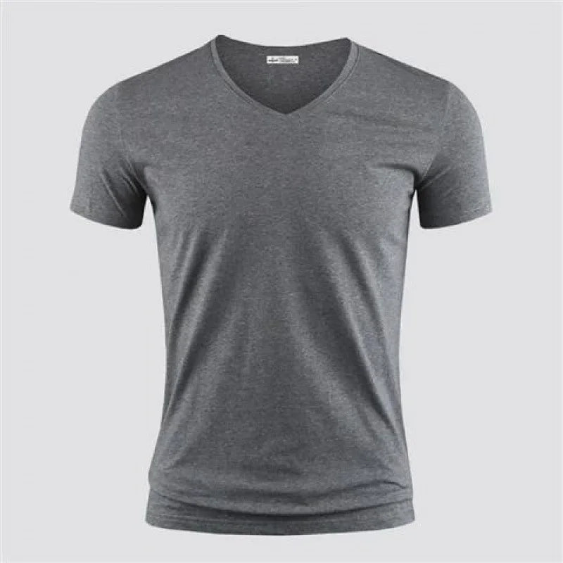 Men's T Shirt Pure Color V Collar Short Sleeved Tops Tees Men T-Shirt Black Tights.