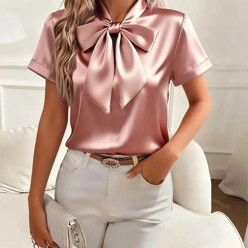 Women's Solid Satin Blouse Summer Fashion Bow Tie Lace Up Neck.