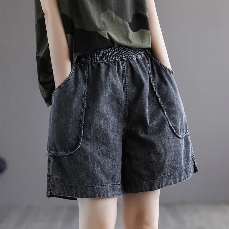 Summer plus Size Casual Loose Women's Jeans High Waist Wide Leg Shorts.