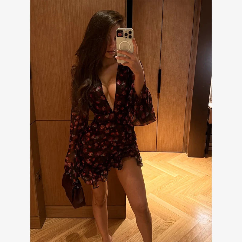 Lady Sexy Flora Painted Ruffle Slim Dress Women Chic.