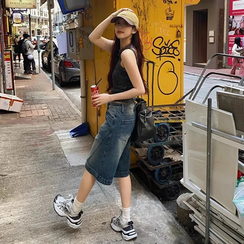 High Waist Wide Leg Thin Denim Shorts Women Summer.