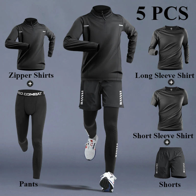 Men's Quick-Dry Sports Set 1-5 PCS Spring Track Field Zipper Training Running Fitness.