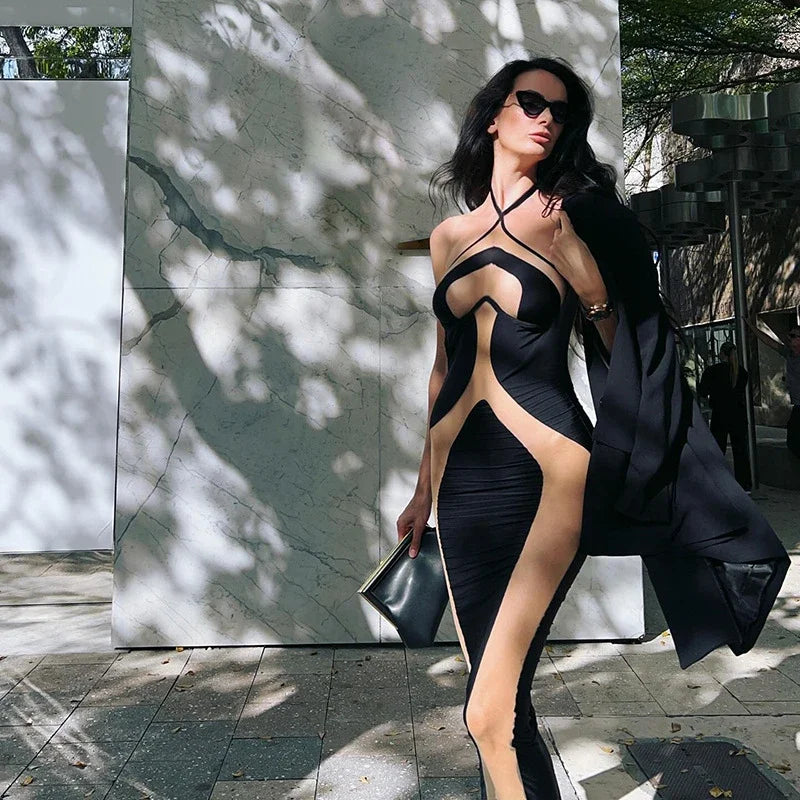 Mesh Patchwork Halter Neck Dresses for Women.
