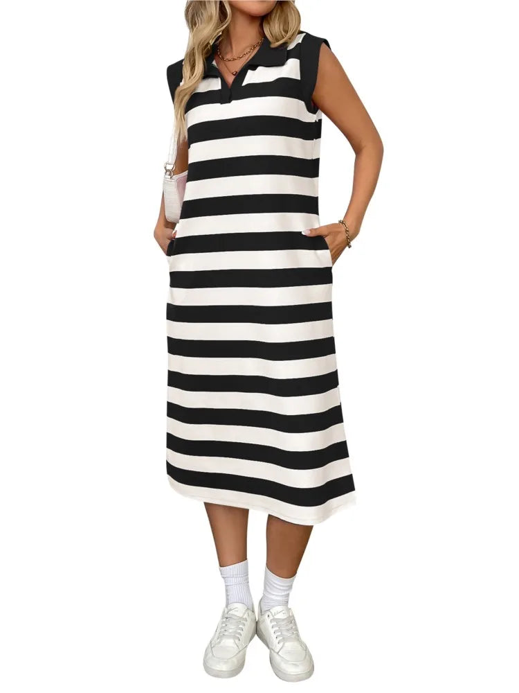 Women's Striped Pocket Lapel Sleeveless Long Dress Fashion.