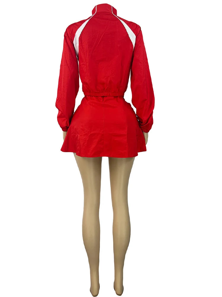 Beyprern Red Sporty 2 Piece Set Women New Casual Zip Up Jacket and Mini Skirt.