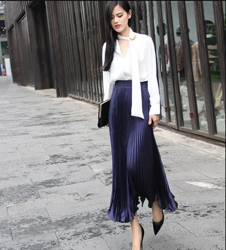Women's Long Satin Metal Luster Pleated Skirt Half-length Accordion Skirt.
