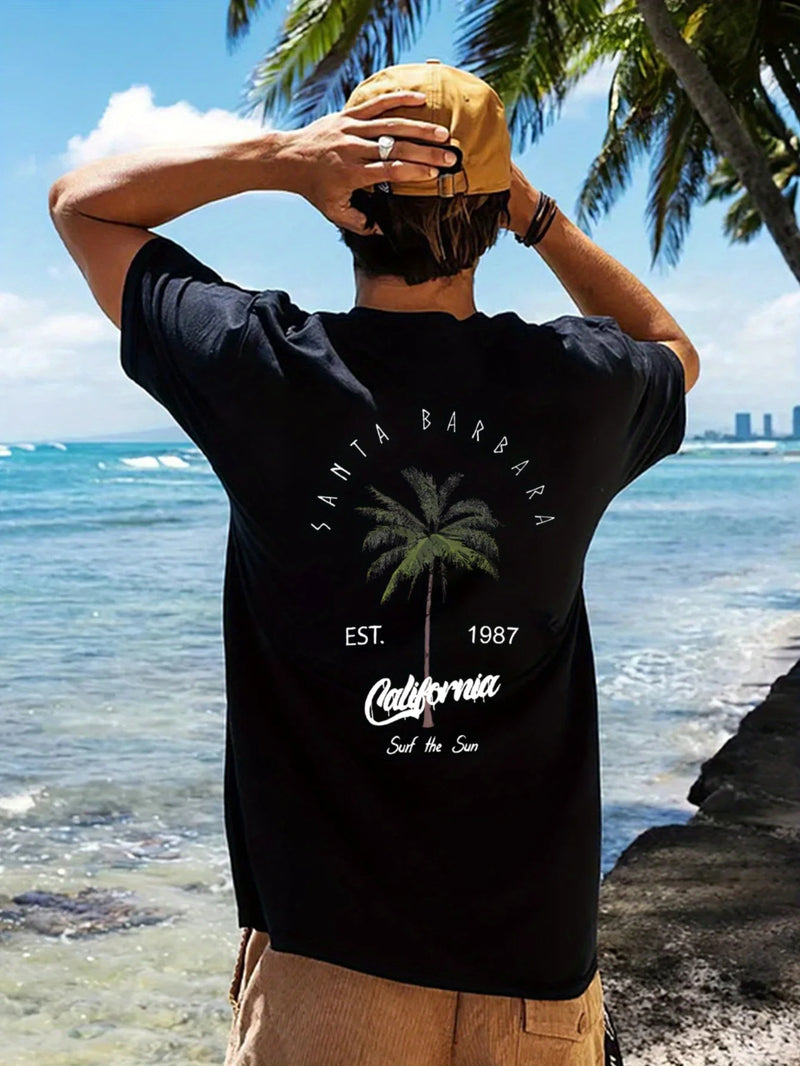 Men's Vacation Coconut Tree Letter Printed Comfortable Breathable Round Neck T-shirt.