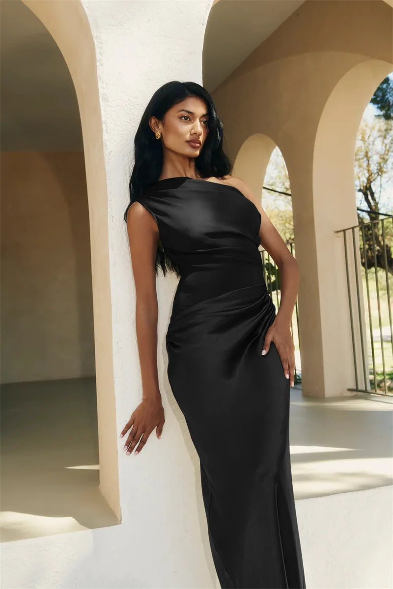 Women’s Mozision Satin Inclined Shoulder Sexy Maxi Dress.