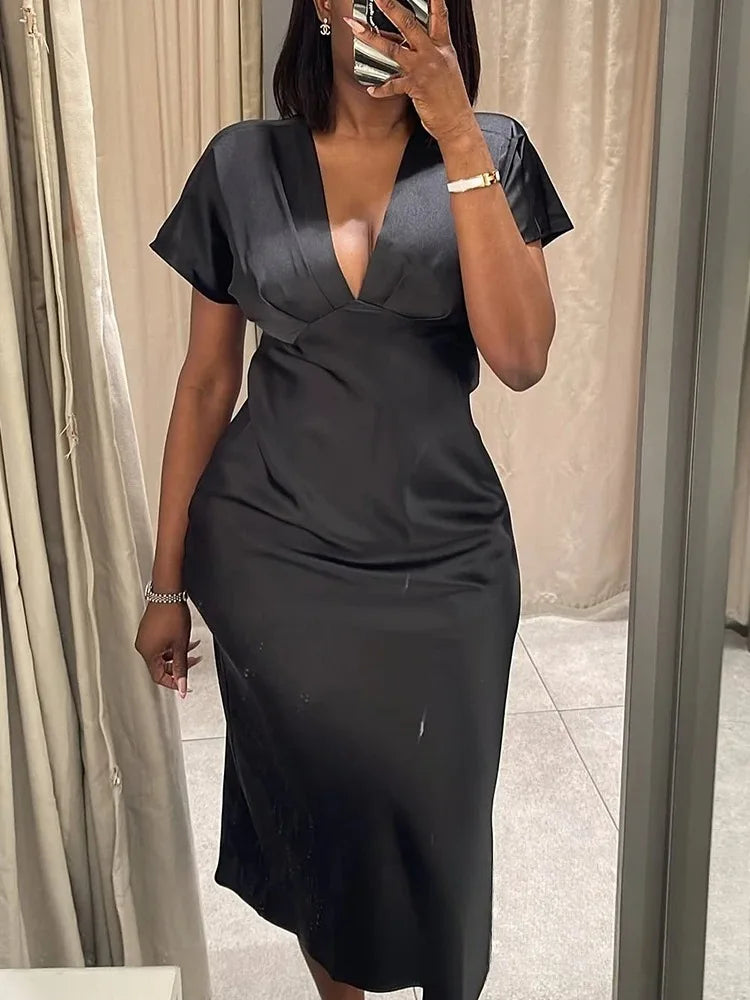 Women’s Sexy V Neck Satin Long Dress.
