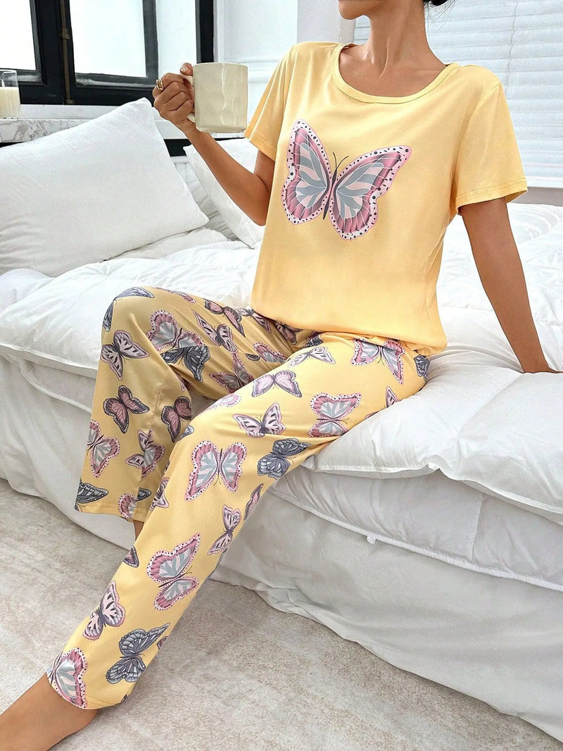 Women's Butterfly Print Pajamas Set Short Sleeve Top And Trousers 2 Piece.
