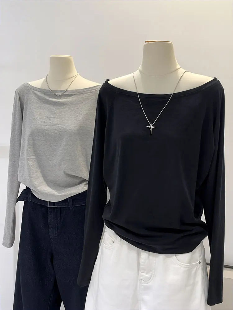 Oversize Off shoulder Long sleeve T shirt Women Solid color Casual Tops.