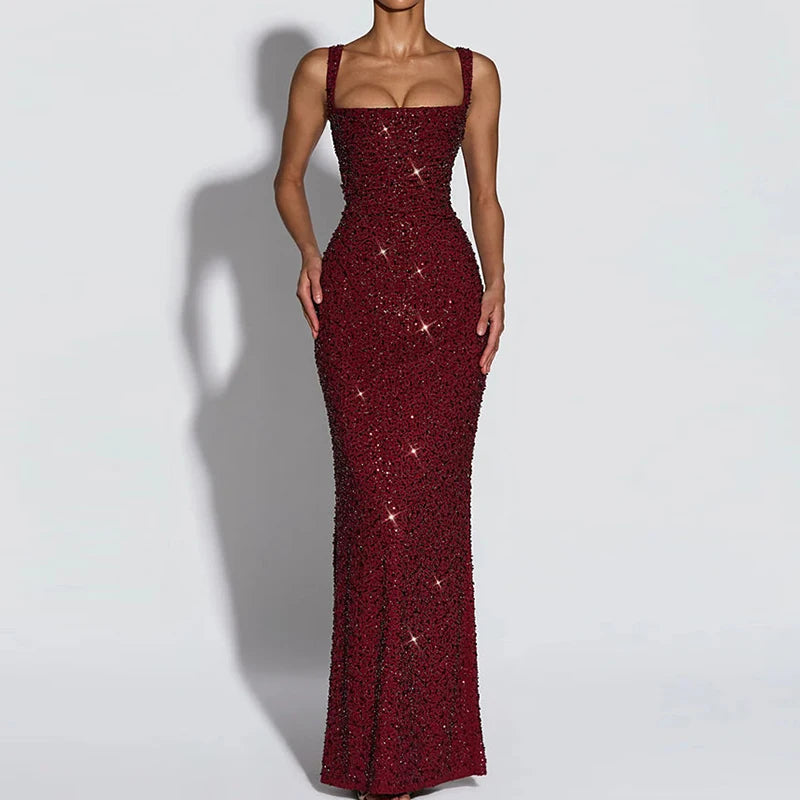 Square Collar Spaghetti Strap Chic Maxi Dress for Women.