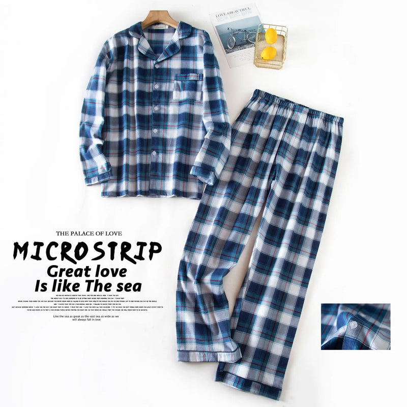 Men's Long Sleeve Plaid Velvet Set Autumn Winter Pajamas.