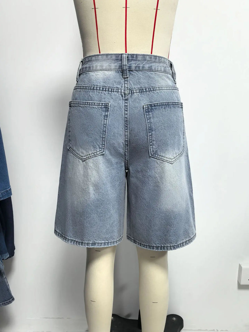 Women Solid Denim Shorts Wide Leg Jean Pants.