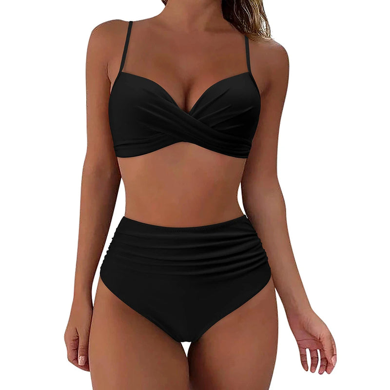 Vintage High Waist Bikinis Women Push Up Swimwear Printed Swimsuit Female.