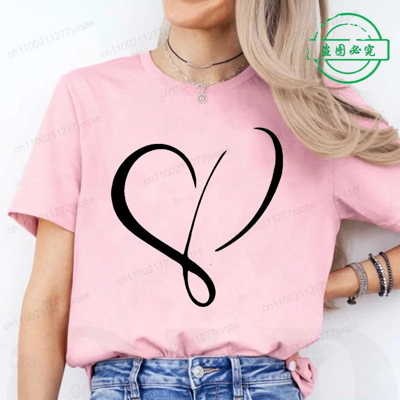 Women Love Heart Design T-Shirts Fashion Casual Short Sleeve.