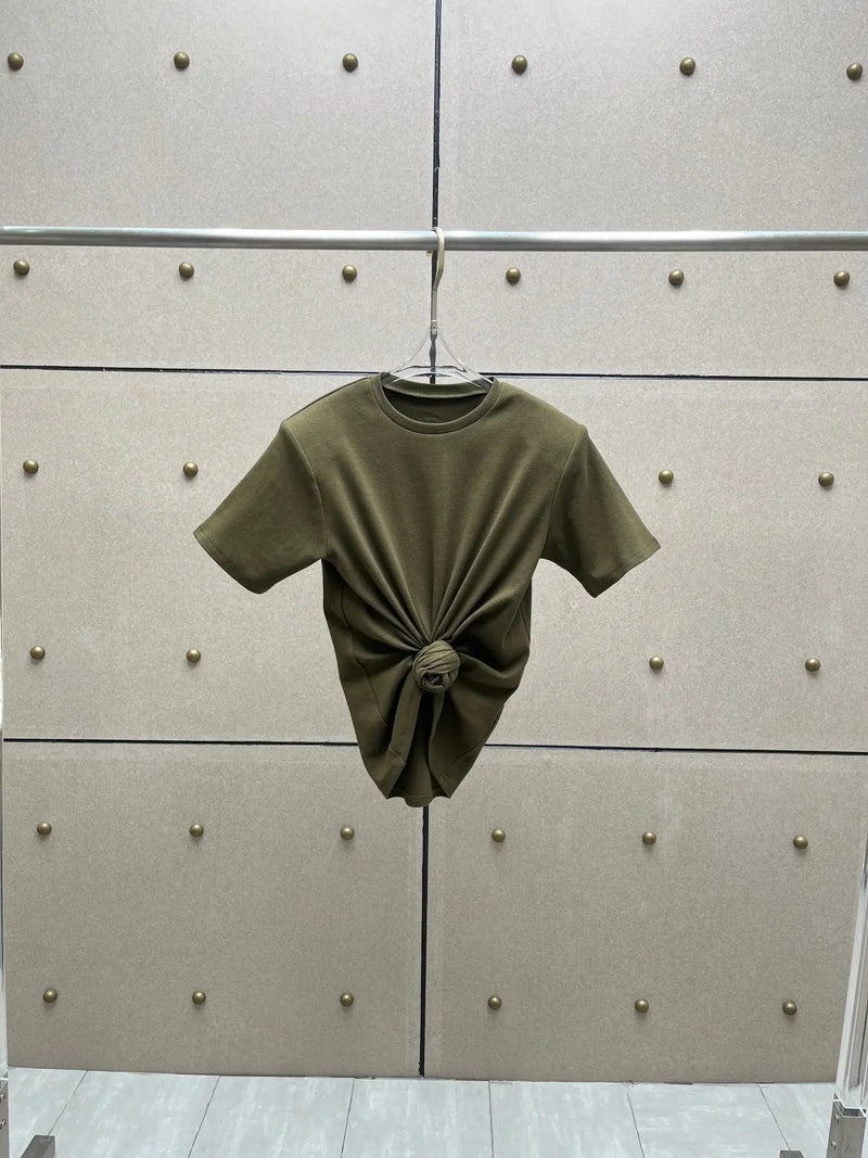 Y2K knotted twist knitted threaded round neck Top women fashionable.