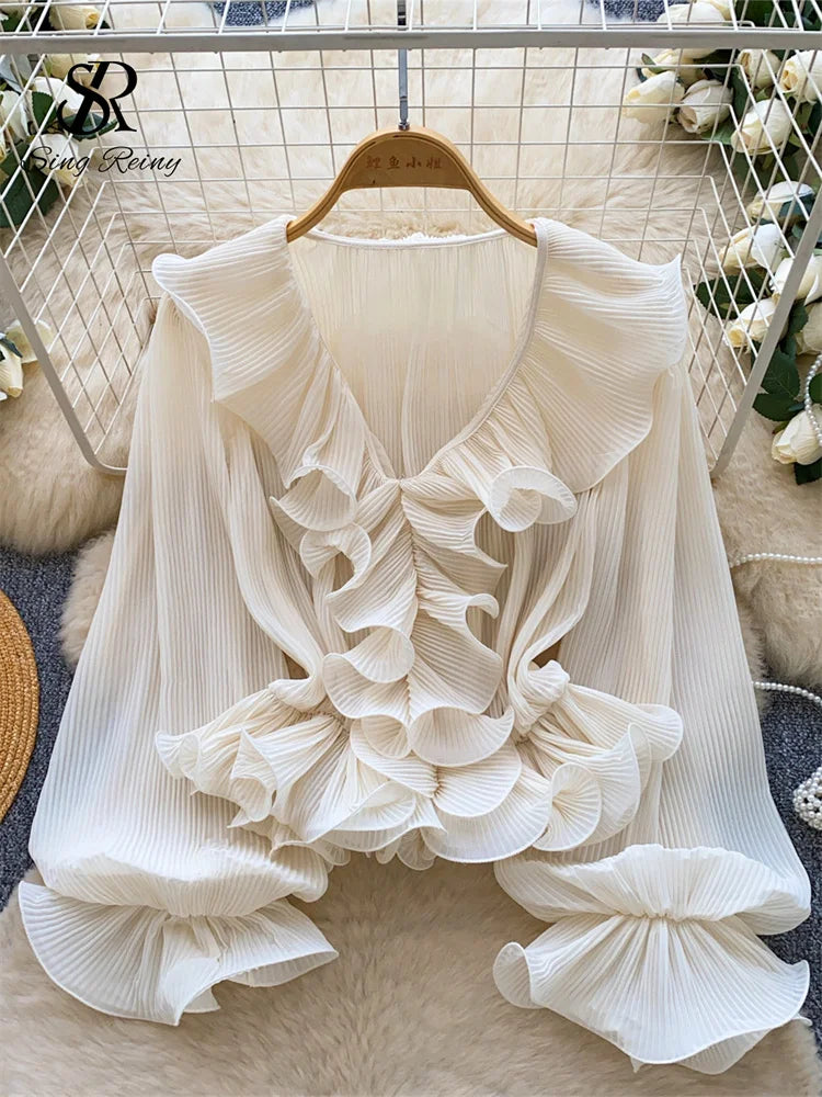 SINGREINY Ruffles Pleated Romantic Tops Thin Spring Summer V Neck.