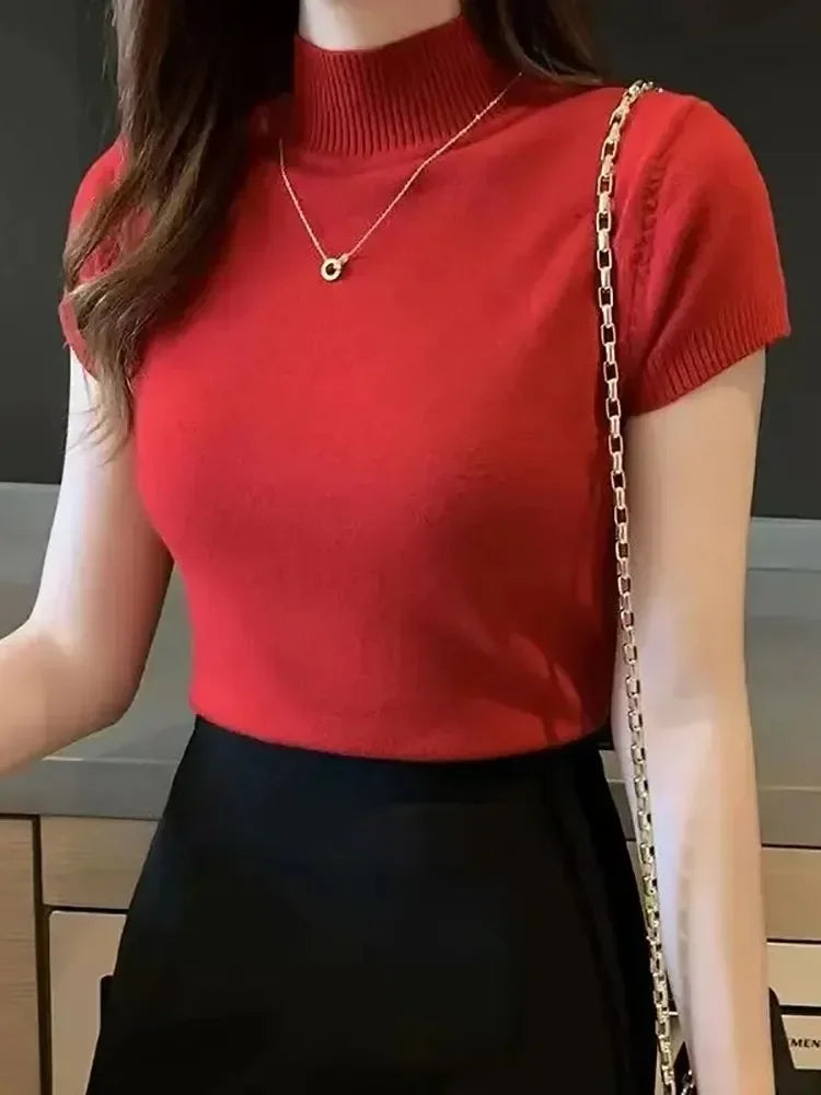 Women's Half-High Neck T-Shirt Fashion Jumper Casual Tops.