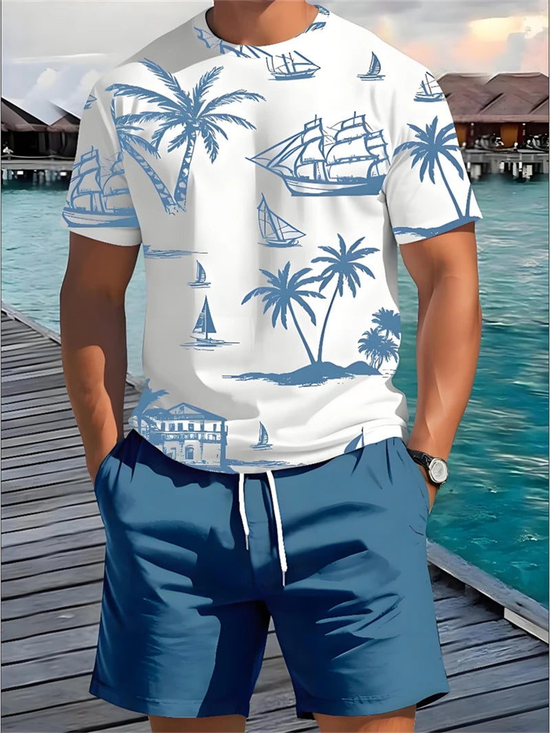 Summer Men's Short Sleeve Palm Tree Print T Shirt Fashion.