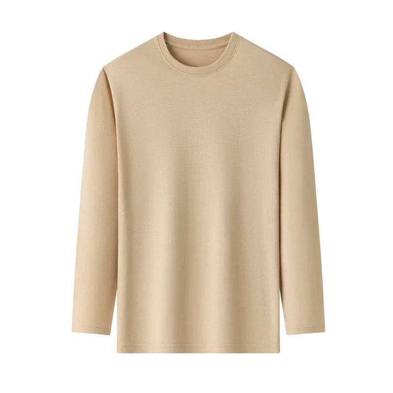 Men's Solid Color Round Neck Cotton Long Sleeved T-shirt.
