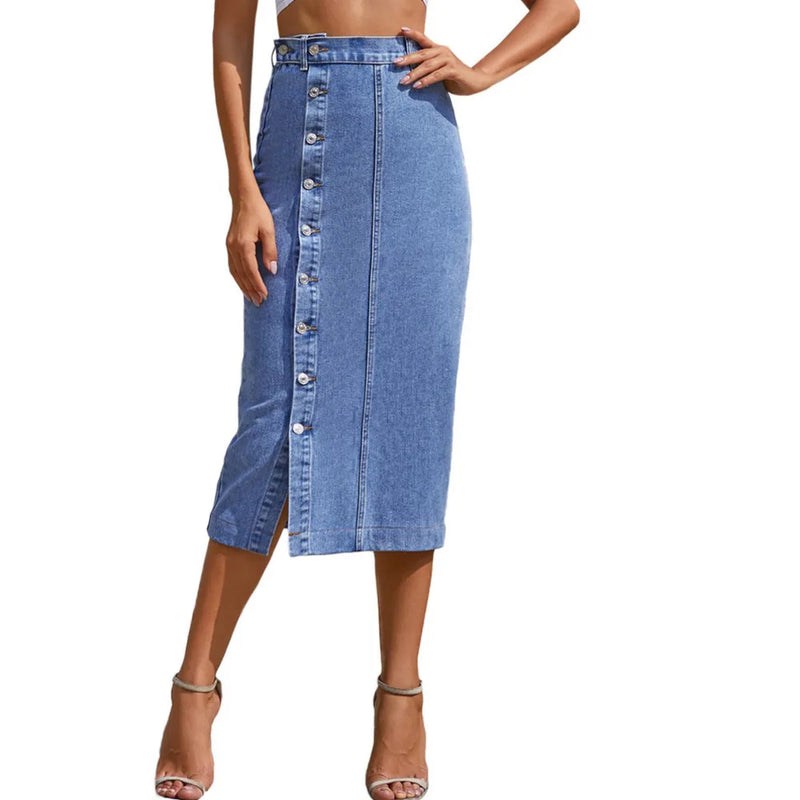 Plus-size Women's Straight Button A-line With Slit Long Denim Skirt.