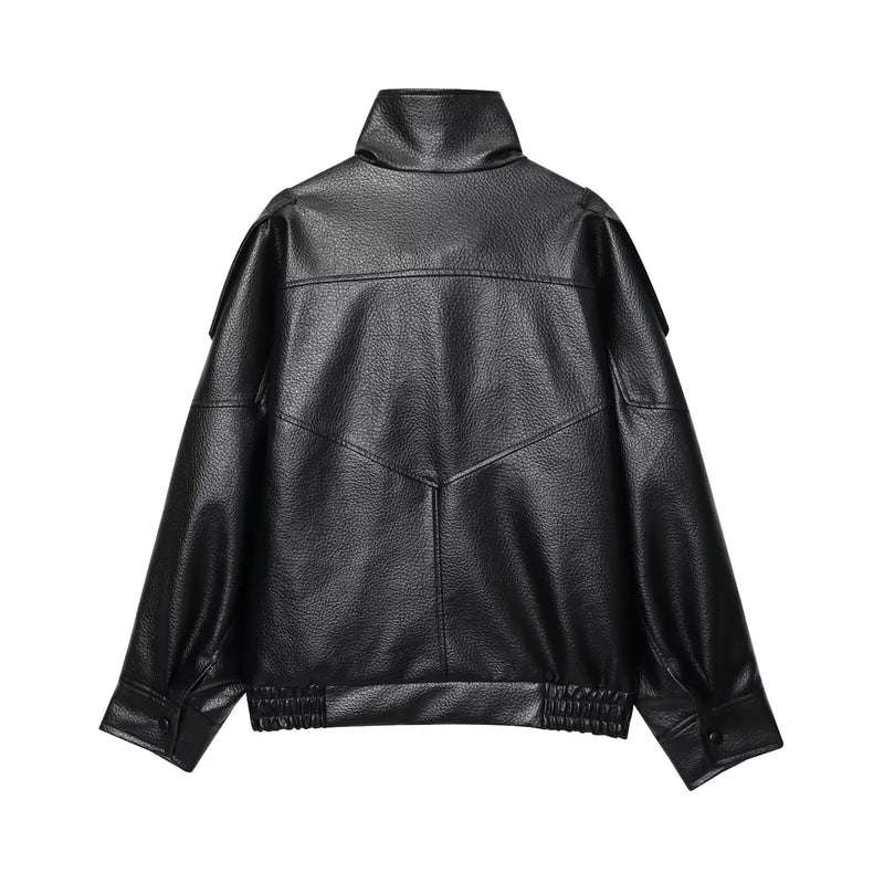 TFMLN Chic Black Faux Leather Jackets Women Long Sleeve Buttons Elastic.
