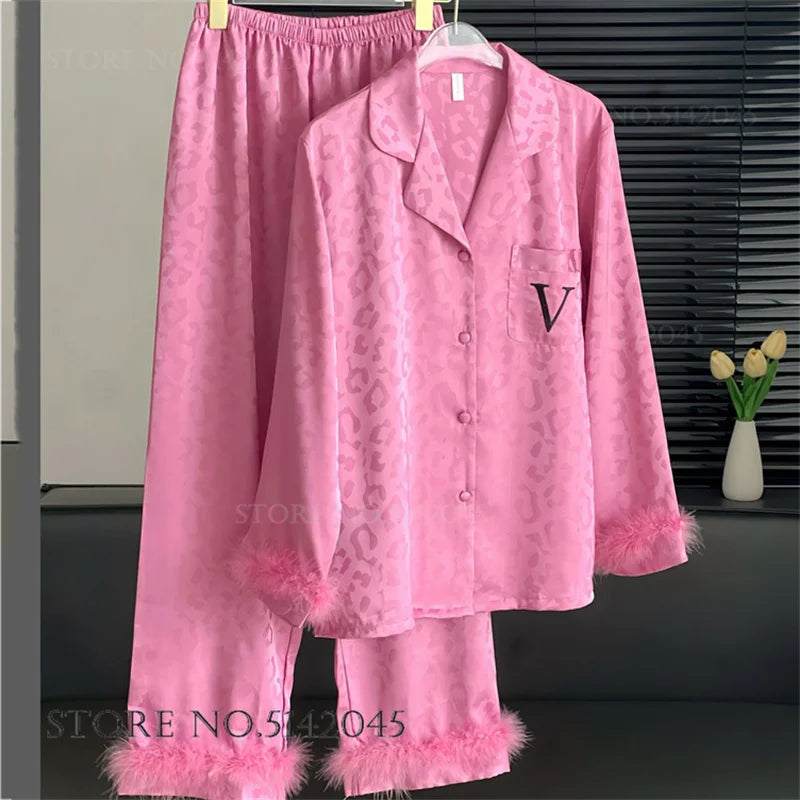 Female 2pcs Pajamas Set Sleepwear Long Sleeve Trouser Pijamas Suit.