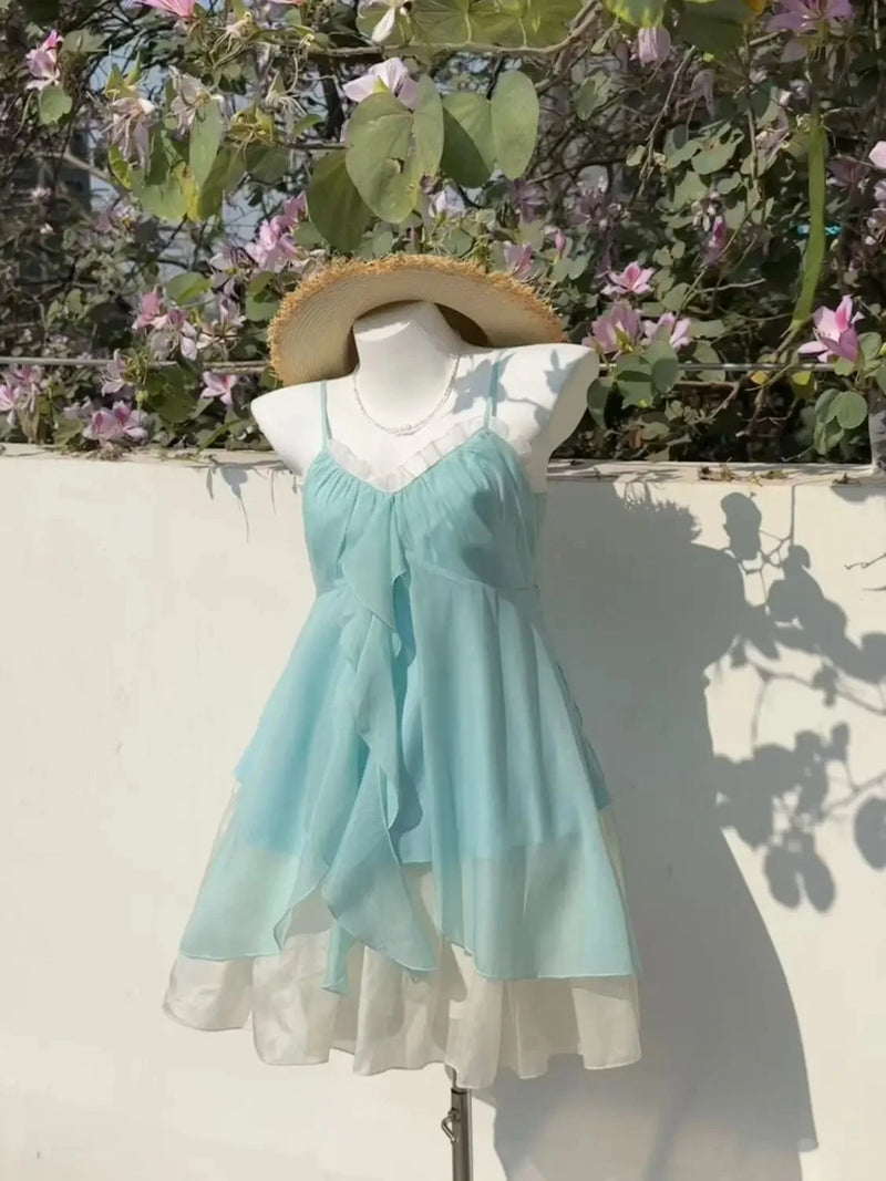 Women’s  Sweet Kawaii Y2k Min Dress Lolita Cute Sleeveless Floral Dress.
