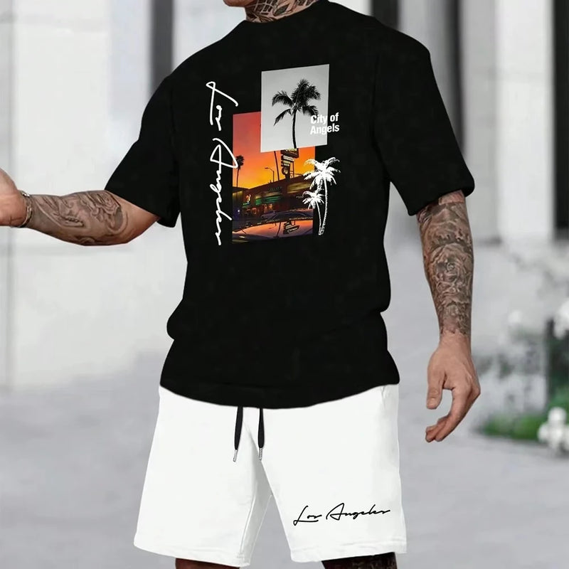 Men's Suit Hawaiian Gradient Coconut Print Suit Summer Beach T-Shirt and Pants 2 Piece.