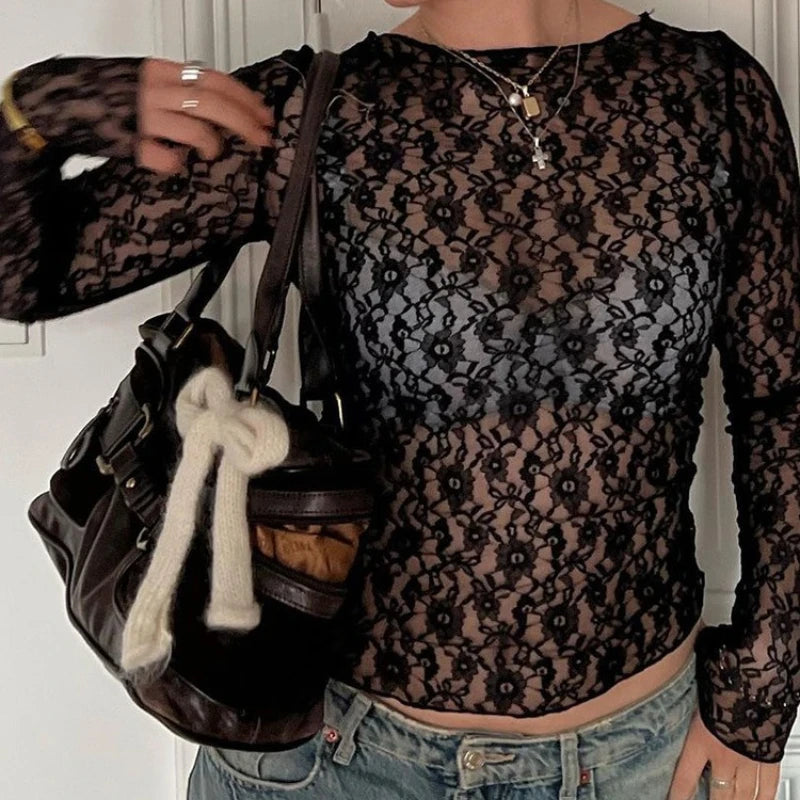Long Sleeves See Through Crop Top Sexy Lace Solid Bodycon T-Shirt for Women.