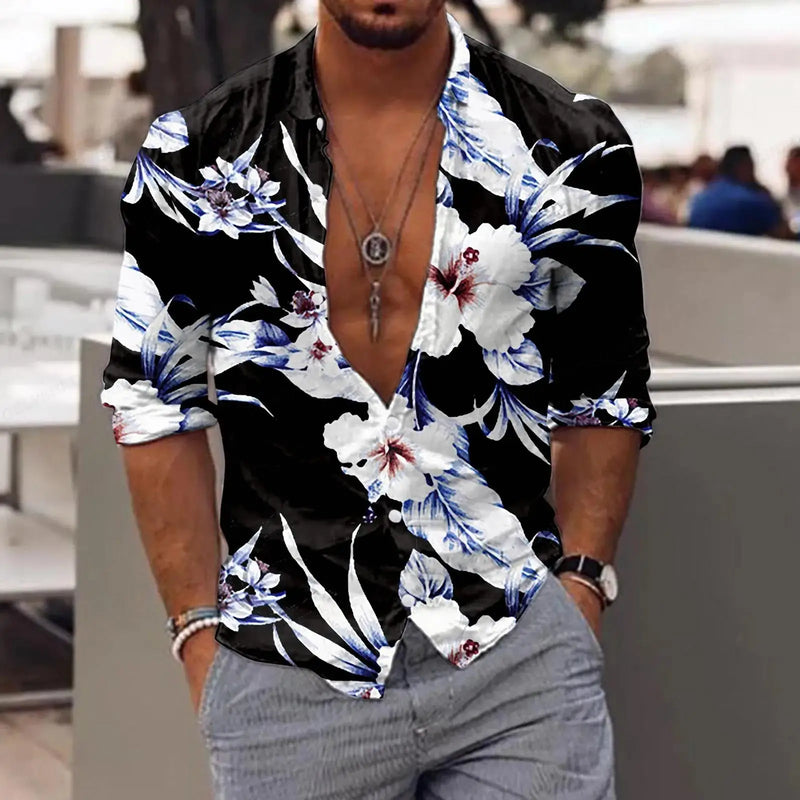 New Trend Men's Shirts Casual Floral Printed Lapel Button Long Sleeve.